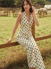 Anewsta Polka Dot Print Halter Top And Pants 2 Pieces Set, Suitable For Summer, Spring, Elegant, Vacation, Casual