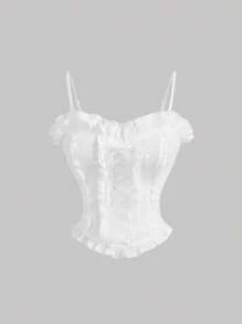 SHEIN MOD Débardeur blanc rêveur, romantique et élégant, buste ajusté décoré de volants superposés et d'un nœud. Convient pour les rendez-vous, les fêtes, les vacances, le thé, les anniversaires, l'été pour les femmes, Pâques, les festivals rave, les concerts, le brunch, les femmes en corset, décontracté chic, Y2K