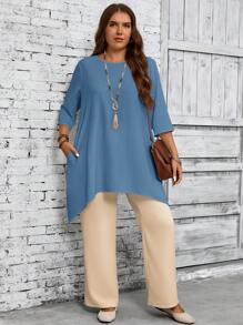 EMERY ROSE Damen Große Größen Rundhals Shirt mit 3/4 Ärmeln und asymmetrischem Saum, weiß, Frühling & Sommer Herbst Damenbekleidung - Blau - Übersicht 5