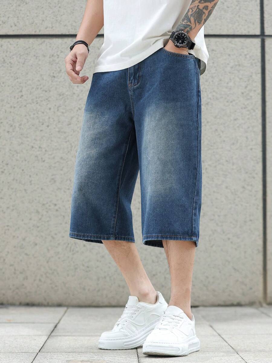 Manfinity Homme 男士休闲牛仔阔腿短裤，简约时尚，适合夏季 - 深色水洗藍 - 查看 1