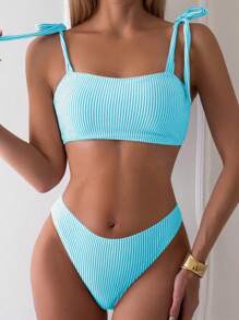 SHEIN Swim 女士条纹比基尼套装，适合海滩/度假 - 薄荷藍 - 查看 1