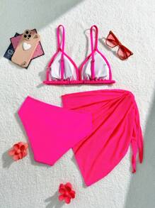 SHEIN Set de 3 piezas Bikini azul real simple de moda adolescente con vestido de playa - Rosa Fucsia - Ver 2