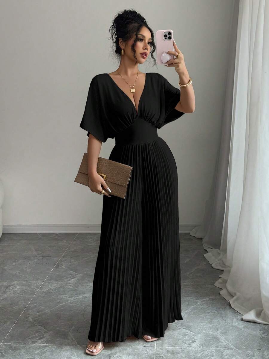 Elenzga Bộ đồ liền thân xếp ly thanh lịch cổ chữ V sâu tay cánh dơi màu trơn cho nữ - màu đen - Xem 1
