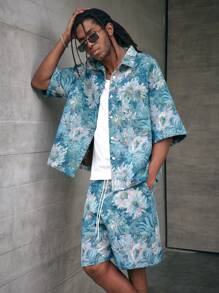 AXEPEAK Conjunto de camisa de manga corta con ajuste holgado y pantalón corto, tejido jacquard, estilo urbano para hombre