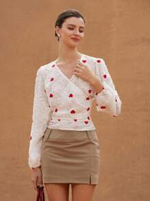 Aveloria Rosie Elegant Textured Fringed Color Blocking Heart Embroidered V-Neck Wrap Tie Front Long Sleeve Cinched Waist Women Blouse Boho Vacation FashionableStyle All Over Print