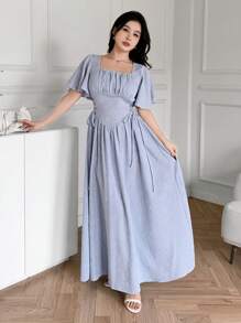 Modelyn Women's Elegant Light Blue Woven Fabric Arabian Dress, Shirred Bodice, And Square Neck, Short Sleeve, And Long Length For Special Occasions - Blue - View 5