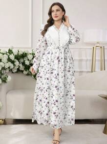 Modelyn 大码女式 V 领褶皱荷叶边长袖碎花连衣裙，优雅修身 - 彩色 - 查看 3