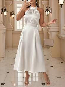 Celure Plus Size Women's Dress, Elegant Satin Fabric With Comfortable & Skin-Friendly Bestselling Material, Solid Color, Small Stand Collar Waist Tied Belt Slimming And Elongating, Bowknot Decoration At Back Waist, Sleeveless, Simple & Fashionable For Party, Suitable For New Year's Day Daily Commute, Shopping And Entertainment, Wedding And Banquet, Comfortable Fabric, High Cost-Performance