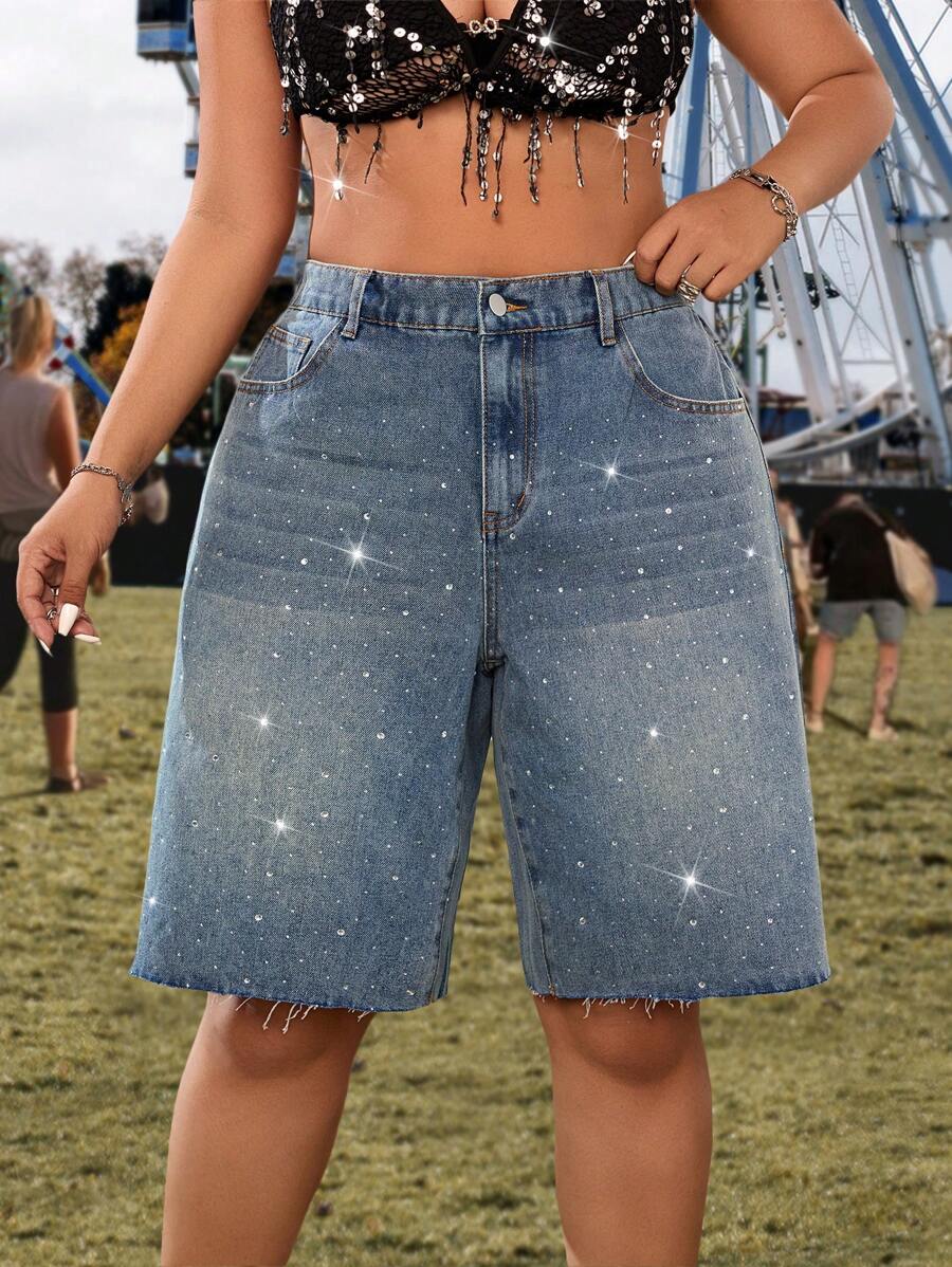 SHEIN ICON Pantalones cortos vaqueros de cintura alta con piernas anchas y adornados con diamantes de imitación para tallas grandes - Azul - Ver 1