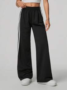 SHEIN Tall Pantaloni casual neri con strisce laterali, colore solido, di moda