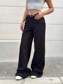 SHEIN EZwear 女士纯色简约时尚休闲西装裤，日常穿着 - 黑色 - 查看 5