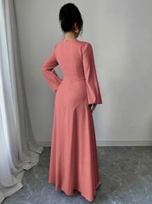Modelyn 女士优雅双色拼接泡泡珠镂空腰 A 字形连衣裙超长女士装长款晚礼服 - 紅色 - 查看 2