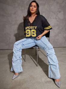Denimoi Plus Size Fashion Washed Stacked Flare Leg Jeans - Light Wash - View 5