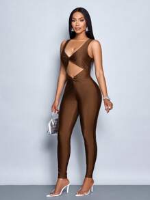 SOLERSUN Women's New Sexy Hollow Out Tight V-Neck Hollow Out Waist Sleeveless Unitards - Rust Brown - View 6