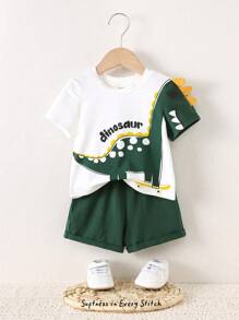 Cozy Pixies 2pcs Baby Boy Cartoon Dinosaur Pattern Knitted Soft Round Neck Short Sleeve Top And Elastic Waist Shorts Set - Multicolor - View 1