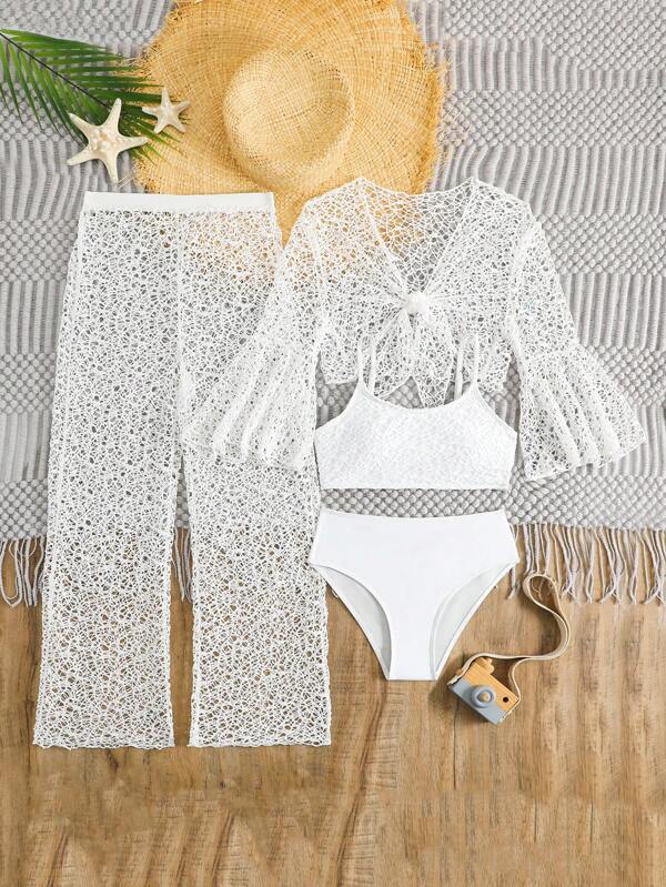 Set bikini de plajă Tween Girl de culoare solidă, cu mâneci evazate pentru acoperire și set de pantaloni pentru acoperire