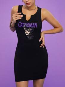 CATWOMAN X SHEIN 女款猫女图案连衣裙 - 黑色 - 查看 1