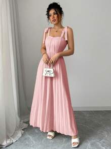Elenzga Elegant Tie Bow Ruched A-Line Flowy Dress For Women, Spring/Summer - Pink - View 5