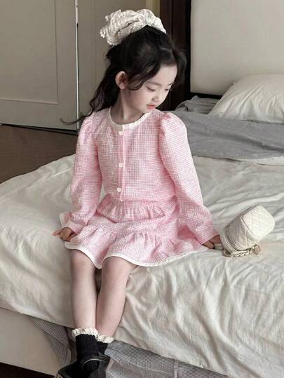 DAZY 2 件套年轻女孩纯色拼布圆领长袖简约上衣和迷你裙套装