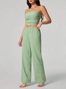 SHEIN Tall Ladies" Solid Color Textured Fabric Strapless Top And Pants Set For Summer