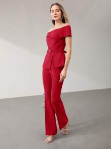 MOTF PREMIUM BELTED SPLIT HEM BLOUSE - Red - View 6