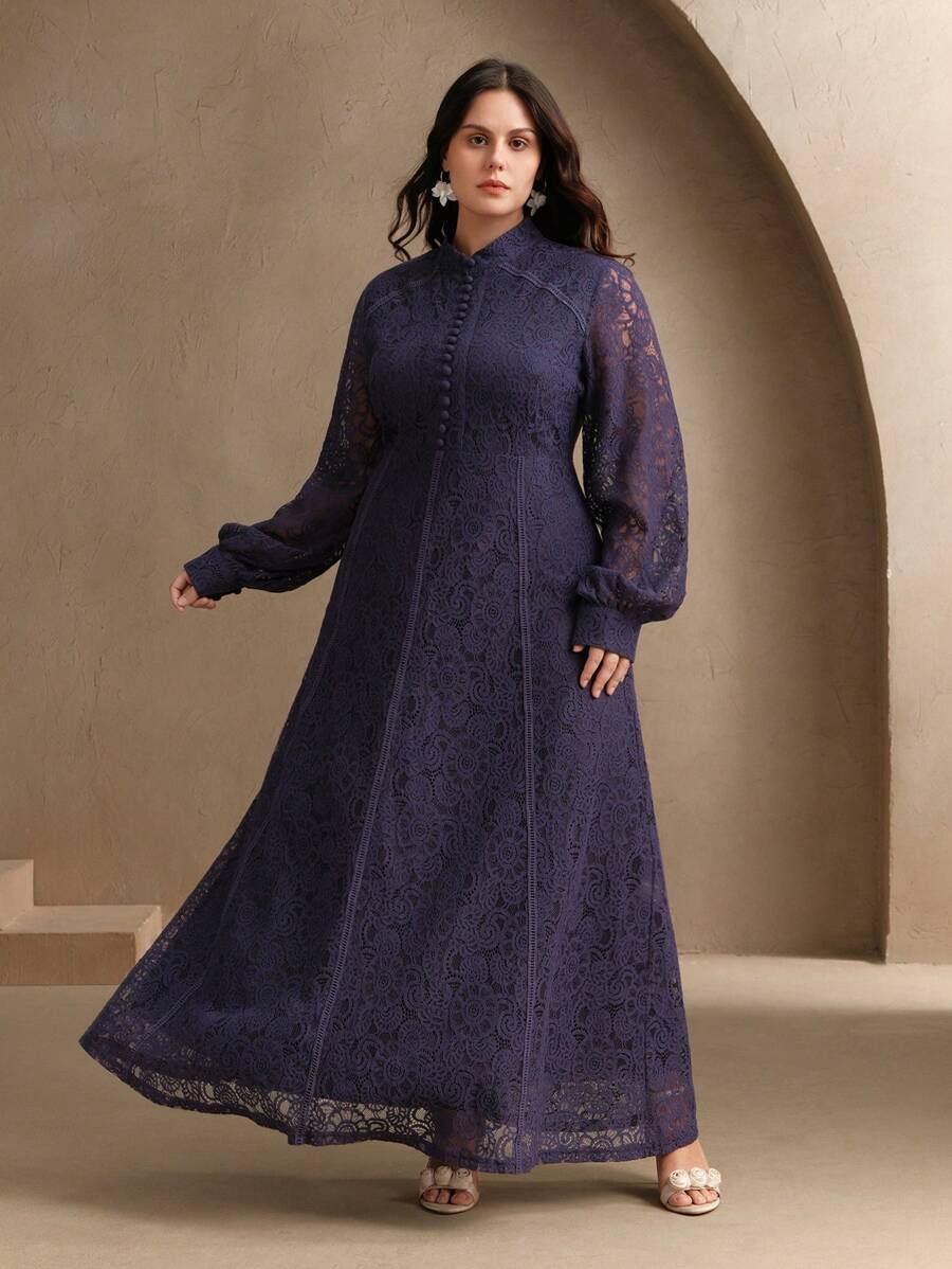 Anewsta 女士春季服装优雅长款蕾丝摆裙 - 紫色 - 查看 1