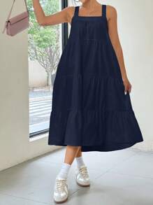 SHEIN EZwear Solid Color Minimalist Daily Long A-Line Sleeveless Slip Dress, Spring/Summer - Navy Blue - View 6