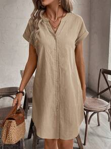 EMERY ROSE Women's Solid V-Neck Short Sleeve Single-Breasted Casual Dress Vacation Outfits Women Business Casual Woman