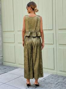 SHEIN LUNE 2 件套闪亮金色面料上衣和阔腿裤套装，优雅派对穿着 - 金色 - 查看 2