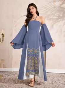 Al Najma 女式几何刺绣挂脖式阿拉伯风格连衣裙，带袖口 - 藍色 - 查看 1