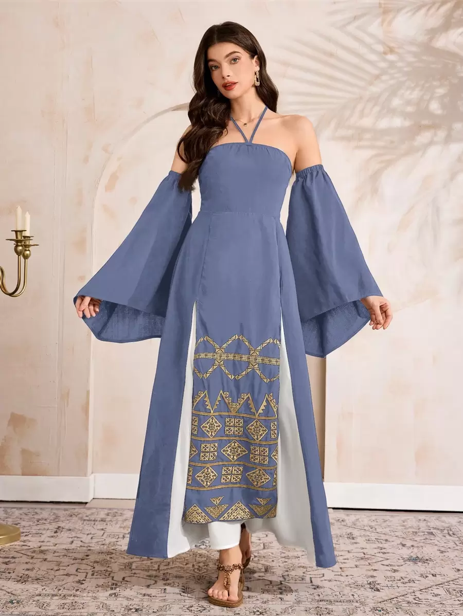 Al Najma 女式几何刺绣挂脖式阿拉伯风格连衣裙,带袖口 - 藍色 - 查看 1