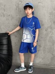 Set de 2 piezas con camiseta de manga corta y pantalones cortos con estampado de fútbol para niños preadolescentes