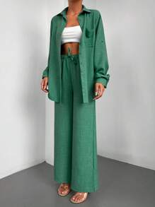 RueChic Solid Button Front Shirt & Drawstring Waist Wide Leg Trousers - Green - View 3