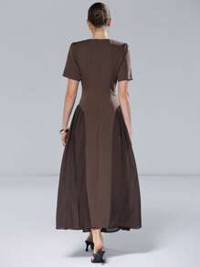 Aveloria Modichic Women's Elegant Multi-Material Mixed Long Dress, Round Neck Short Sleeve Cinched Waist Ruffled A-Line Dress For Commuting - Coffee Brown - View 2
