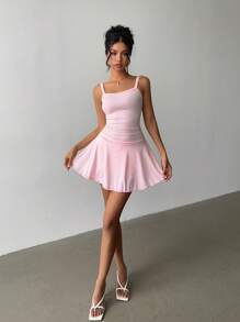 Calvaya Pink Spaghetti Strap Waist Ruffle Short Sports Dress For Women
