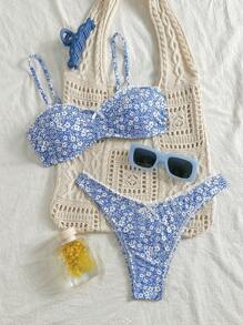Swim Mod 2 bộ đồ bơi bikini họa tiết hoa hai mảnh dành cho nữ, phong cách nghỉ dưỡng thường ngày - Màu xanh lam - Xem 1