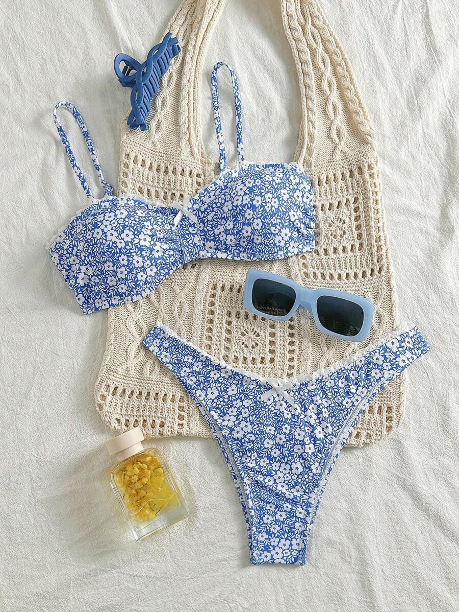 Swim Mod 2 bộ đồ bơi bikini họa tiết hoa hai mảnh dành cho nữ, phong cách nghỉ dưỡng thường ngày - Màu xanh lam - Xem 1