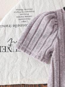 SHEIN 2 件装女婴罗纹拼色圆领弹力荷叶边短袖上衣和喇叭裤套装，舒适可爱的休闲装，适合春夏秋季室内外穿着 - 粉色 - 查看 3