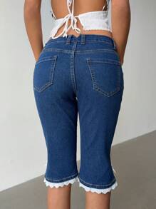 Aloruh Pantalon en jean vintage élégant pour femmes avec bordure en dentelle, nœud décoratif et taille basse ajustée. Jeans courts en denim moulants et cintrés - Bleu marine - Voir 3