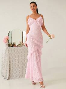 Enchnt Spring/Summer Romantic Women's Pastel Pink Ruffled Lace Mermaid Hem Slip Maxi Dress,Sweet&Elegant&Modest&Sexy For Birthday&Holiday Party&Sweet Date&Vacation&Graduation Season&Fairycore,Summer Outfits For Women,Wedding Guest Dress Women,Bridal Shower Dress,Concert Outfit Women,Easter Outfit Women - Pink - View 7