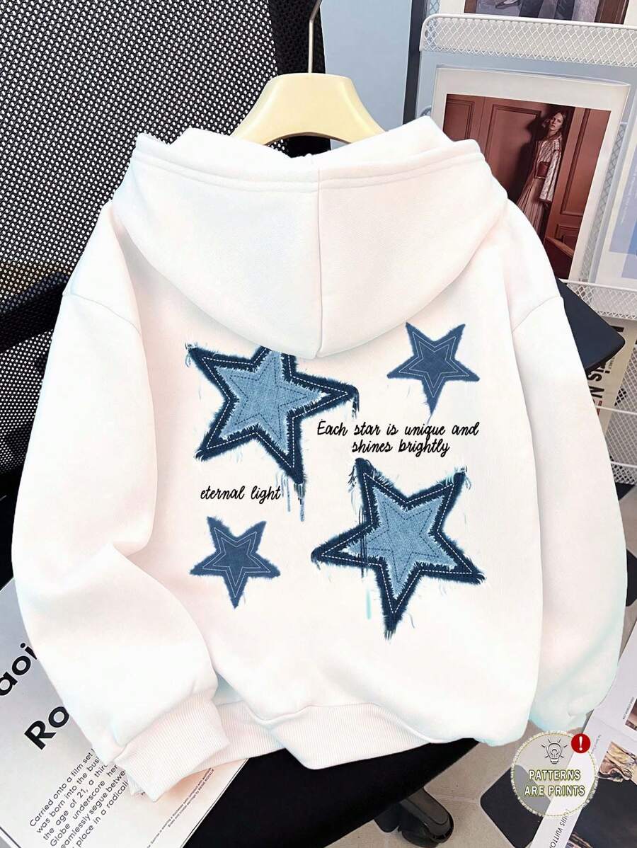 SHEIN Leap Crew Áo nỉ dày rộng rãi thiết kế đơn giản cho bé gái tuổi teen dài tay có mũ trùm đầu - trắng - Xem 1