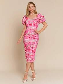 Amorya Vestido midi de manga corta con estampado floral, elegante y ajustado con fruncidos para mujer