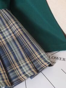 2pcs/Set Girls School Style Blazer Jacket And Pleated Plaid Mini Skirt Suit, Suitable For Spring And Autumn - Dark Green - View 4
