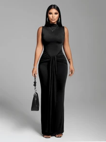 Zolique SHEIN Foxxy Women's High Collar Front Tied Sexy Extra Long Dress - Black - View 5