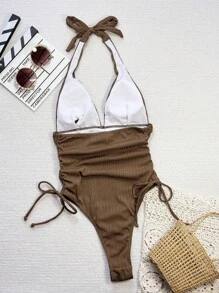 Swim SXY 女士法式纹理面料可调节肩带打结腰部荷叶边紧身连体泳衣，夏季沙滩装度假比基尼 - 卡其色 - 查看 3