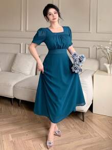 DAZY Women's Solid Color Square Neck Short Puff Sleeve Ruffle Elegant Mid-Length Dress Summer Elegant Sundress