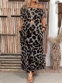 Breezaya 加大码豹纹不对称领口搭配圆环装饰优雅紧身迷你连衣裙长款女装 - 灰色 - 查看 4