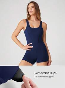 GLOWMODE 4.3" FeatherFit™ Tummy Control Side Pockets Romper Bodysuit U-Back Non-Slip Pocket Light Support Low Impact Yoga Pilates Studio Gym Daily Summer - Dark Blue - View 3