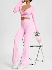 SHEIN Sports 女士纯色褶皱腰休闲健身紧身裤 - 粉色 - 查看 3