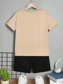 2pcs Young Boy Basic Short Sleeve T-Shirt + Black Shorts Set - Multi-Color